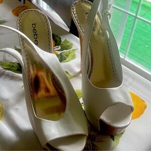 Bebe White Satin Slingback Heels